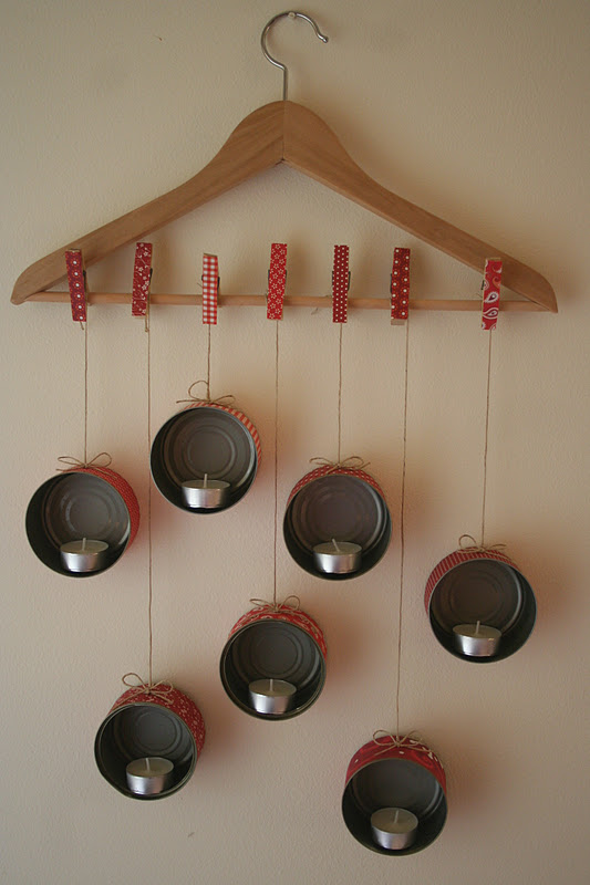 Set of tea candles with cloth hanger and tin cans